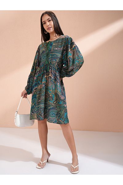 Vishudh By Styli Women Paisley Print Tie-Up Neck A-Line Knee-Length Dress