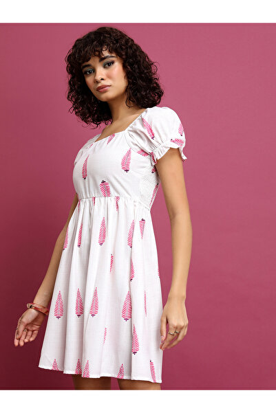 Vishudh By Styli White Ethnic Motif Printed Puff Sleeves A-Line Mini Dress