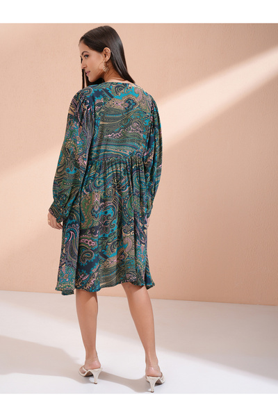 Vishudh By Styli Women Paisley Print Tie-Up Neck A-Line Knee-Length Dress