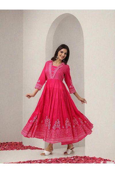 Ishin By Styli Women Pink Printed 3/4 Sleeves Cotton A-Line Midi Dress