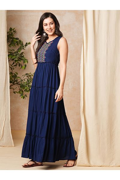 Globus By Styli Women Embroidered Yoke Sleeveless Tiered Maxi Dress