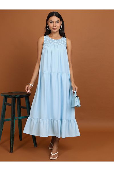 Vishudh By Styli Women Blue Embroidered Sleeveless A-Line Maxi Dress
