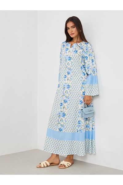 Keenly By Styli All-Over Print Notch Neck Long Sleeve Jalabiya