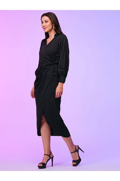Globus By Styli Women Black Solid Wrap Look A-Line Midi Dress with Tulip Hem