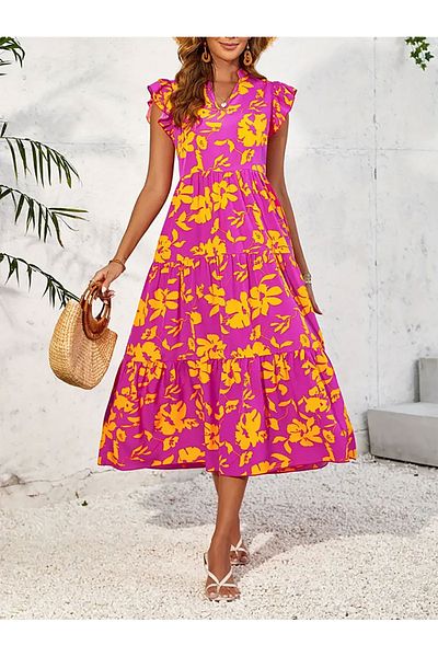 Take Two By Styli Floral Print Ruffled Sleeve Tiered Midi Dress