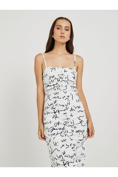 Styli All-Over Printed Ruched Detail Strappy Midi Dress
