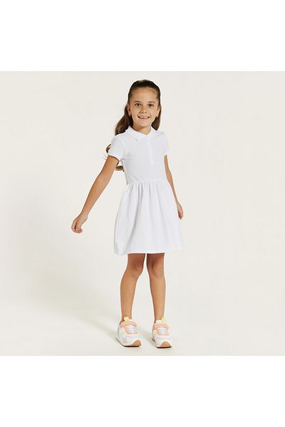 Juniors Solid Polo Dress With Short Sleeves And Button Closure