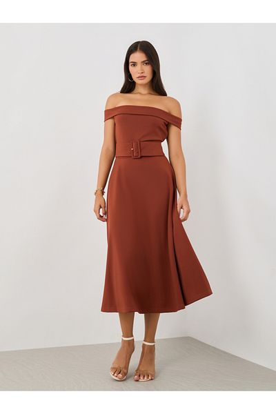 Styli Plain Off Shoulder A-Line Midi Dress with Fabric Belt