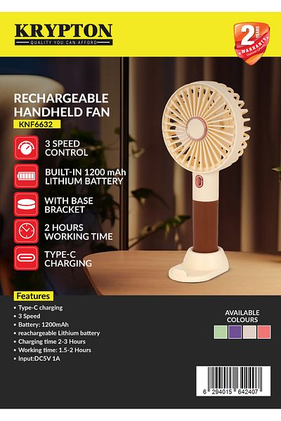 KRYPTON Portable USB-C Handheld Fan – 3 Speed Settings, Lightweight Design, Desk Base Included