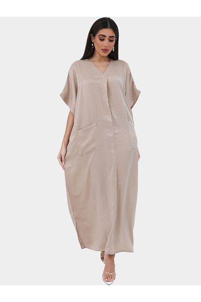 Elena by DStyle Crinkled Satin V Neck Jalabiya with Pocket Detail