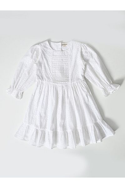 Bella Moda By Styli Solid Schiffli Pintuck Detail Dress with 3/4 Sleeves