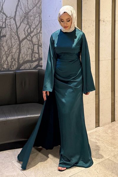 Tesettür Diyarı Γυναικείο βραδινό φόρεμα Arabella Cape Satin Fish-Πράσινο βενζίνης