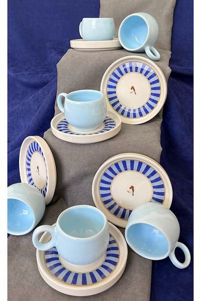 Erbaşlar Love Bird Blue Series Chubby 12 Piece Luxury Ceramic Chubby Coffee Cup Set Turkish Coffee Cup