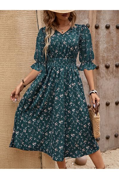 Take Two By Styli Floral Print Puff Sleeve Ruffle Hem Midi Dress