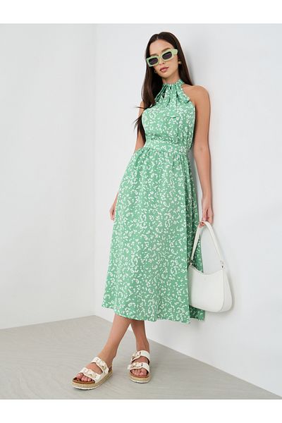 Styli Printed Sleeveless Midi Dress with Tie-Up Neck