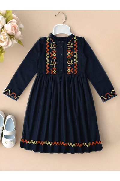 Bella Moda By Styli Embroidered 3/4 Sleeves Cotton Dress with Button Front