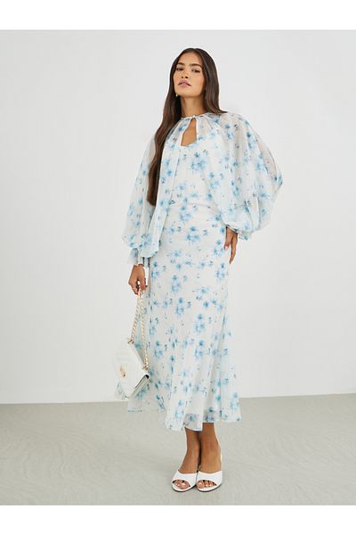Styli Floral Print Strappy A-Line Midi Dress with Cape Jacket