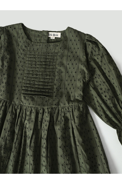 Bella Moda By Styli Solid Schiffli Pintuck Detail Dress with 3/4 Sleeves