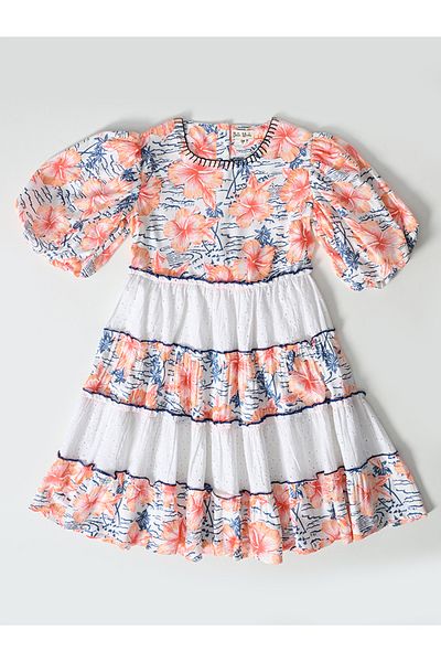 Bella Moda By Styli Floral Print Schiffli Tiered Dress with Balloon Sleeves