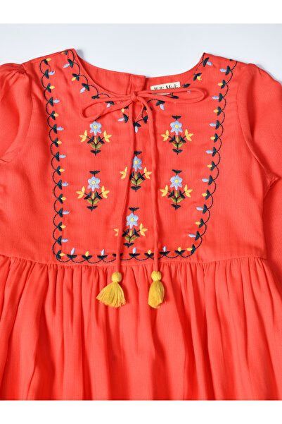 Bella Moda By Styli Embroidered Tie-Up Neck Knee-Length Dress