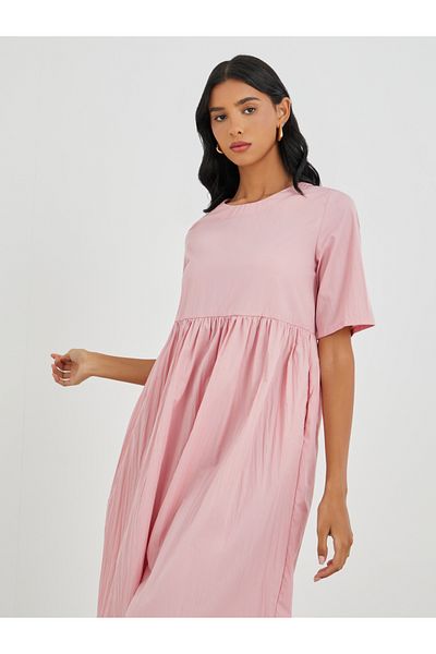 Take Two By Styli Solid Short Sleeve Round Neck A-Line Midi Dress