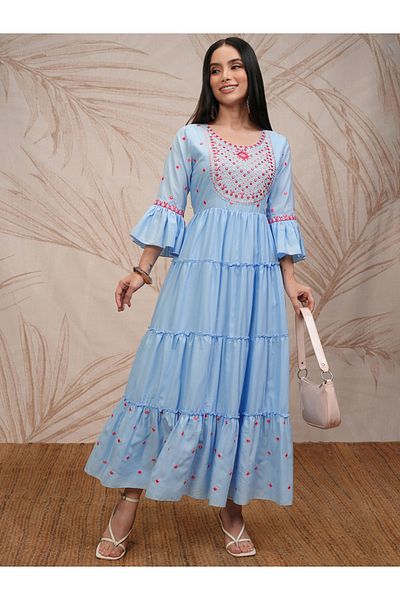 Vishudh By Styli Women Embroidered Bell Sleeves Tiered Maxi Dress
