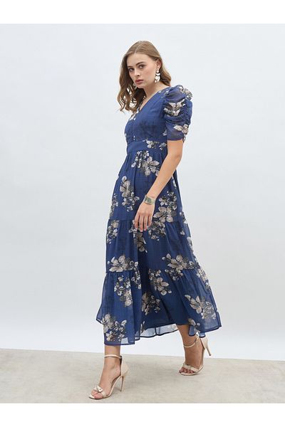 Styli Floral Print Ruched Puff Sleeves Tiered Maxi Dress
