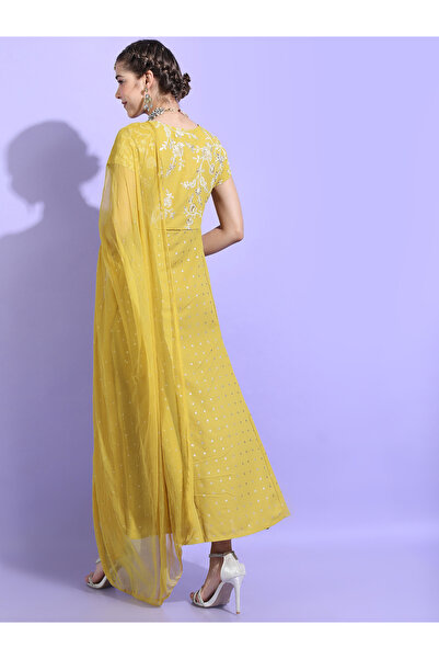 Vishudh By Styli Printed Short Sleeves A-Line Maxi Dress with Dupatta