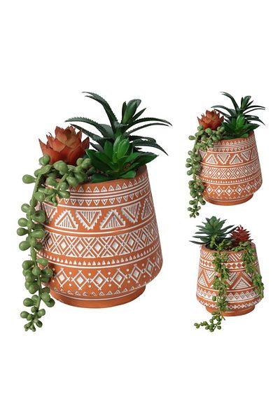 Koopman Artificial plant assorted mix of Succulents Azay Design, in ceramic pot with pattern H 15 cm