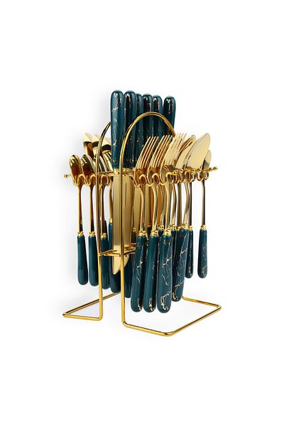 Sunhome 24-Piece Stainless Steel Cutlery Set With Stand Green/Gold