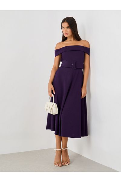 Styli Plain Off Shoulder A-Line Midi Dress with Fabric Belt