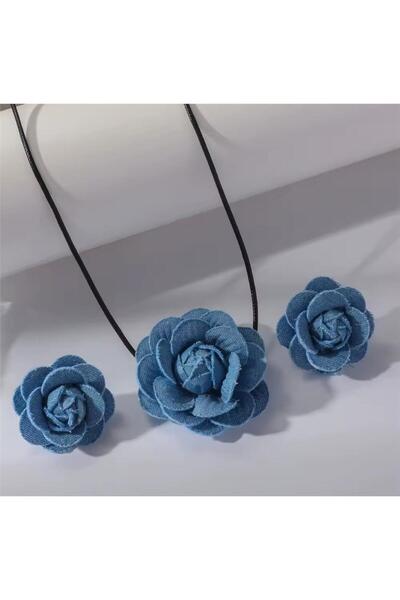 Pelin Aksesuar Mavi Jean/Kot Çiçekli Choker Küpe Seti