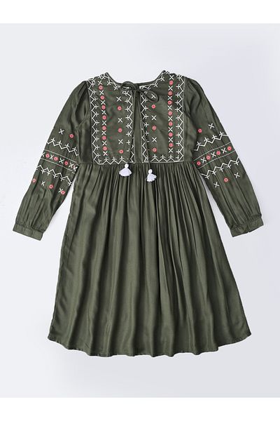 Bella Moda By Styli Embroidered Tie-Up Neck Knee-Length Dress