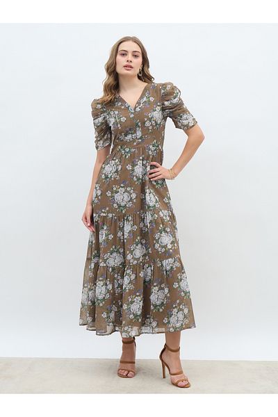 Styli Floral Print Ruched Puff Sleeves Tiered Maxi Dress