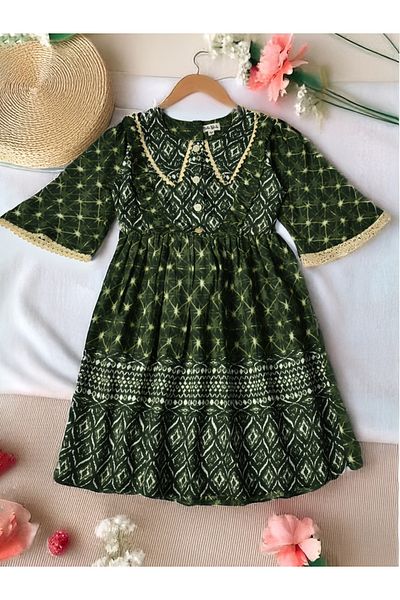 Bella Moda By Styli All-Over Print Lace Trim Cotton Dress with 3/4 Sleeves