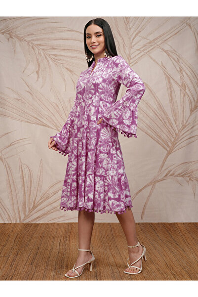 Vishudh By Styli Women Tie and Dye Printed A-Line Midi Dress with Pompom Detail