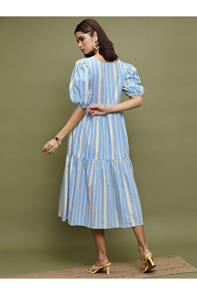 Vishudh By Styli Women Blue Striped Puff Sleeves A-Line Midi Dress