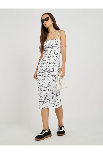 Styli All-Over Printed Ruched Detail Strappy Midi Dress