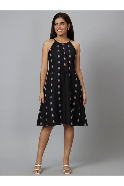 Globus By Styli Women Black Aztec Printed Cotton Strappy A-Line Knee-Length Dress