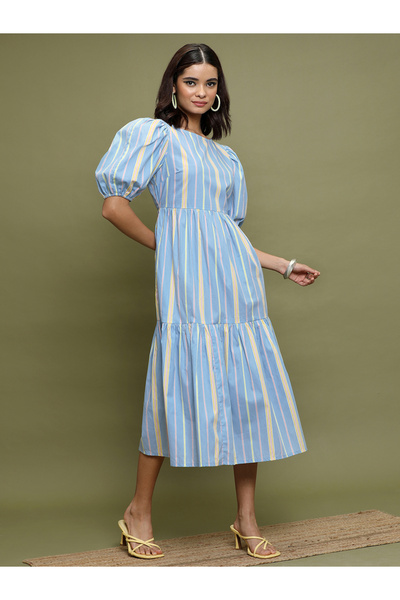 Vishudh By Styli Women Blue Striped Puff Sleeves A-Line Midi Dress