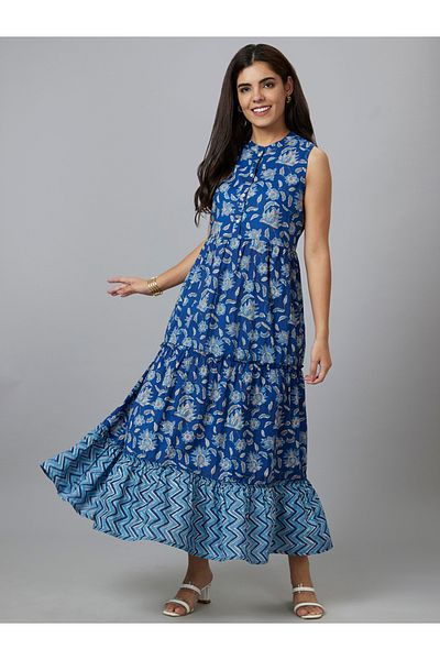Globus By Styli Women Blue Floral Printed Sleeveless Tiered Maxi Dress