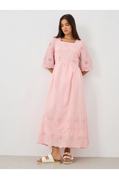 Keenly By Styli Solid Embroidered Short Sleeve Midi Dress
