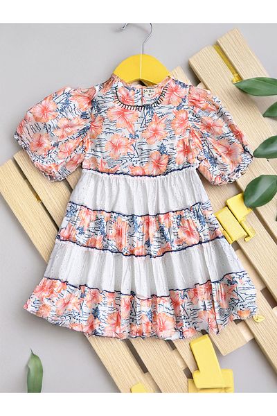 Bella Moda By Styli Floral Print Schiffli Tiered Dress with Balloon Sleeves