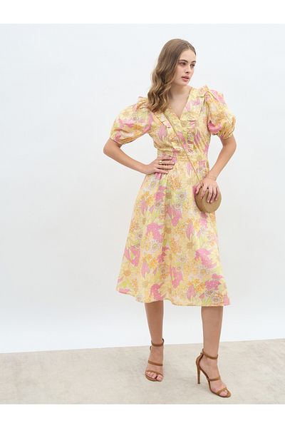 Styli All-Over Floral Print V Neck A-Line Midi Dress with Ruffle Trim