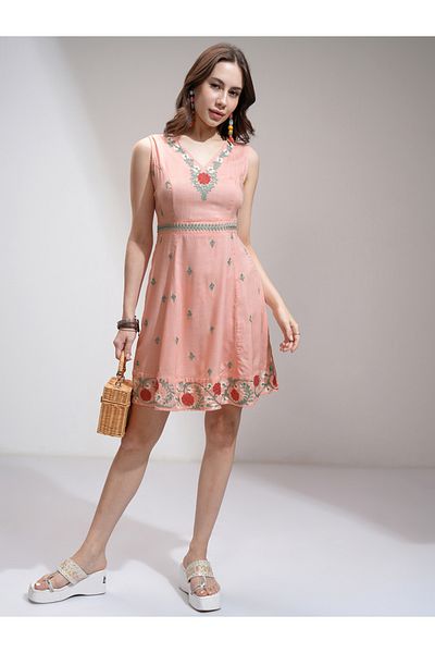 Vishudh By Styli Women Embroidered V Neck A-Line Mini Dress