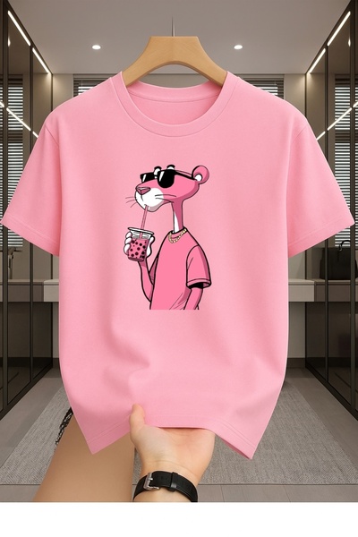 Madali Boutique Pembe Panter Baskılı Unisex Bisiklet Yaka Pamuk Oversize Boyf...