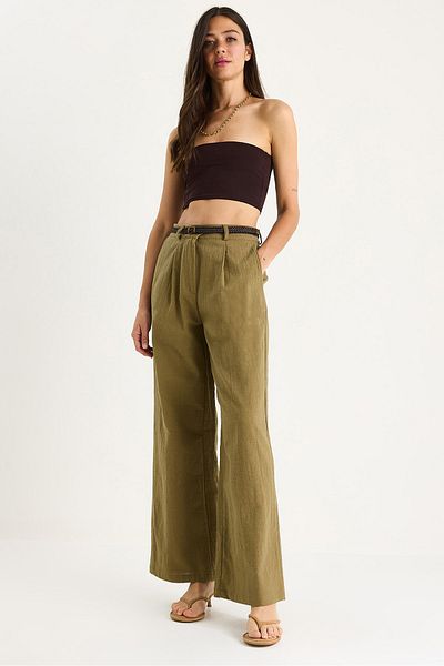 Bianco Lucci Women's Straw Belted Pocket Detailed Striped Linen Palazzo Trousers 3434 60283437