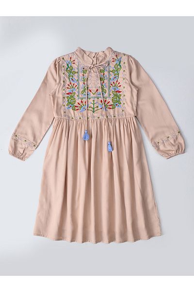 Bella Moda By Styli Embroidered Tie-Up Neck Knee-Length Dress