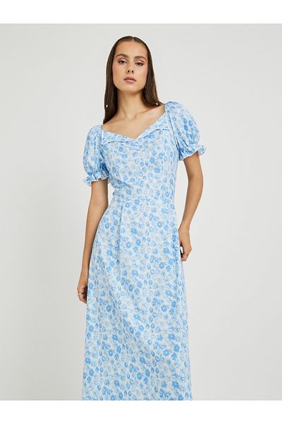 Styli Floral Print Puff Sleeve A-Line Midi Dress