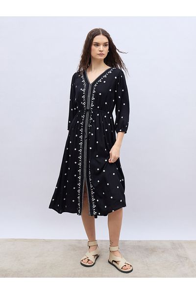 Styli Embroidered Balloon Sleeve A-Line Midi Dress